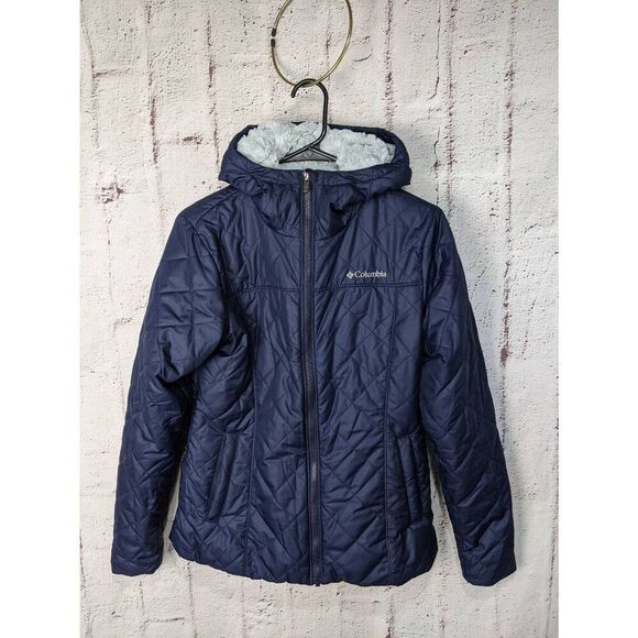 Columbia Navy Copper Crest II Long Jacket Hooded Plush Fleece Lined Sz M Medium - Picture 1 of 8